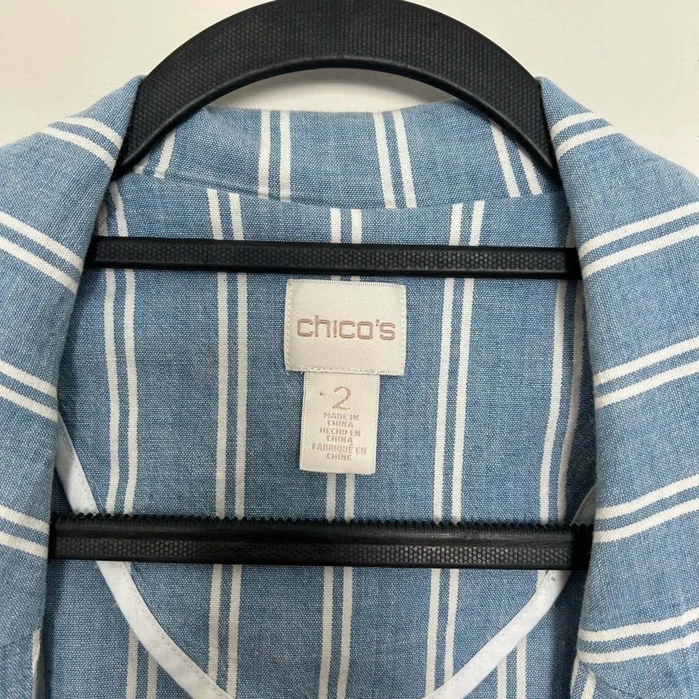 Chico’s Striped‎ Chambray Style Cotton Unlined Open Front Blazer Size 2 - Picture 2 of 6